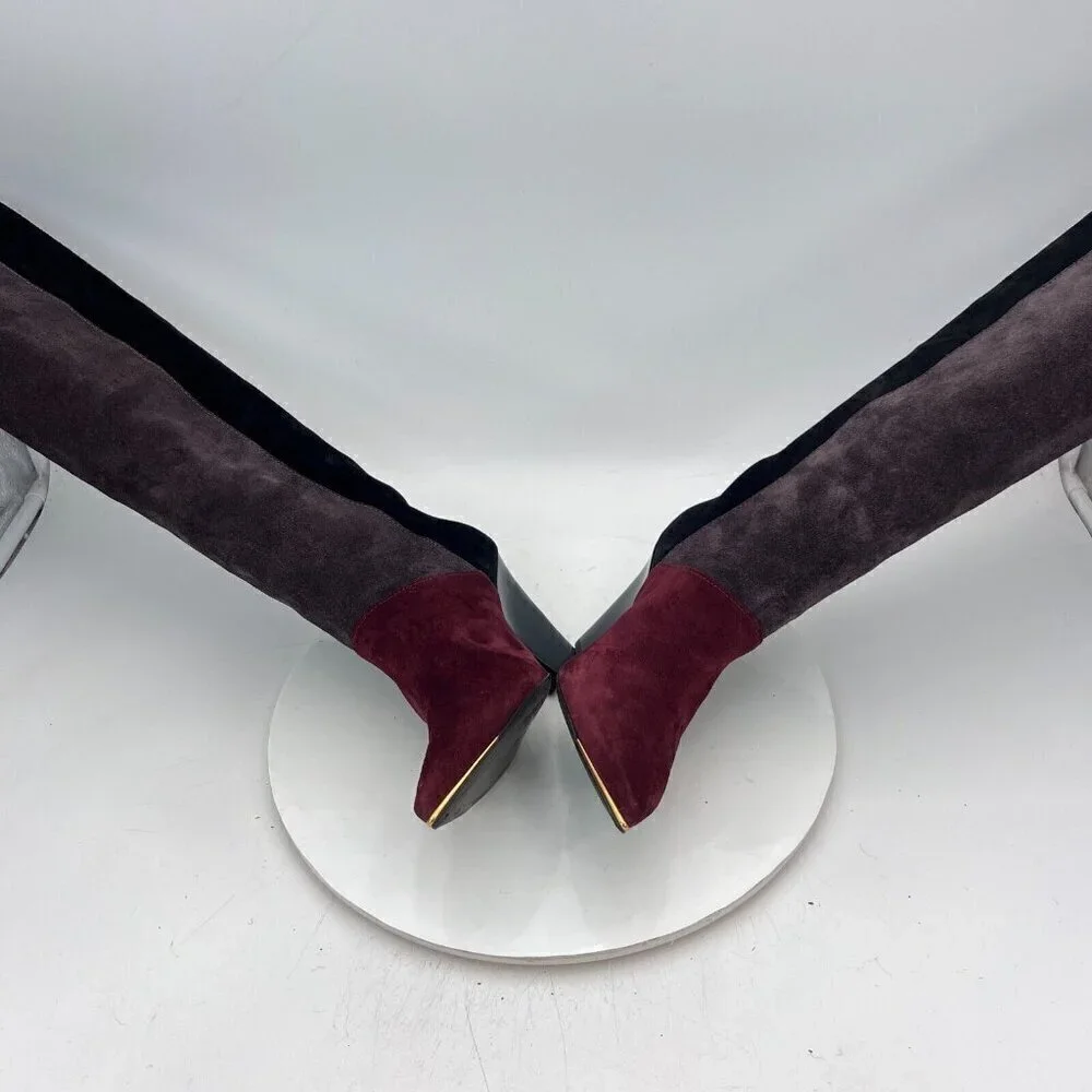 Tory Burch Lila 90mm Women Size 6M Burgundy Grey Black Suede Knee High Boot